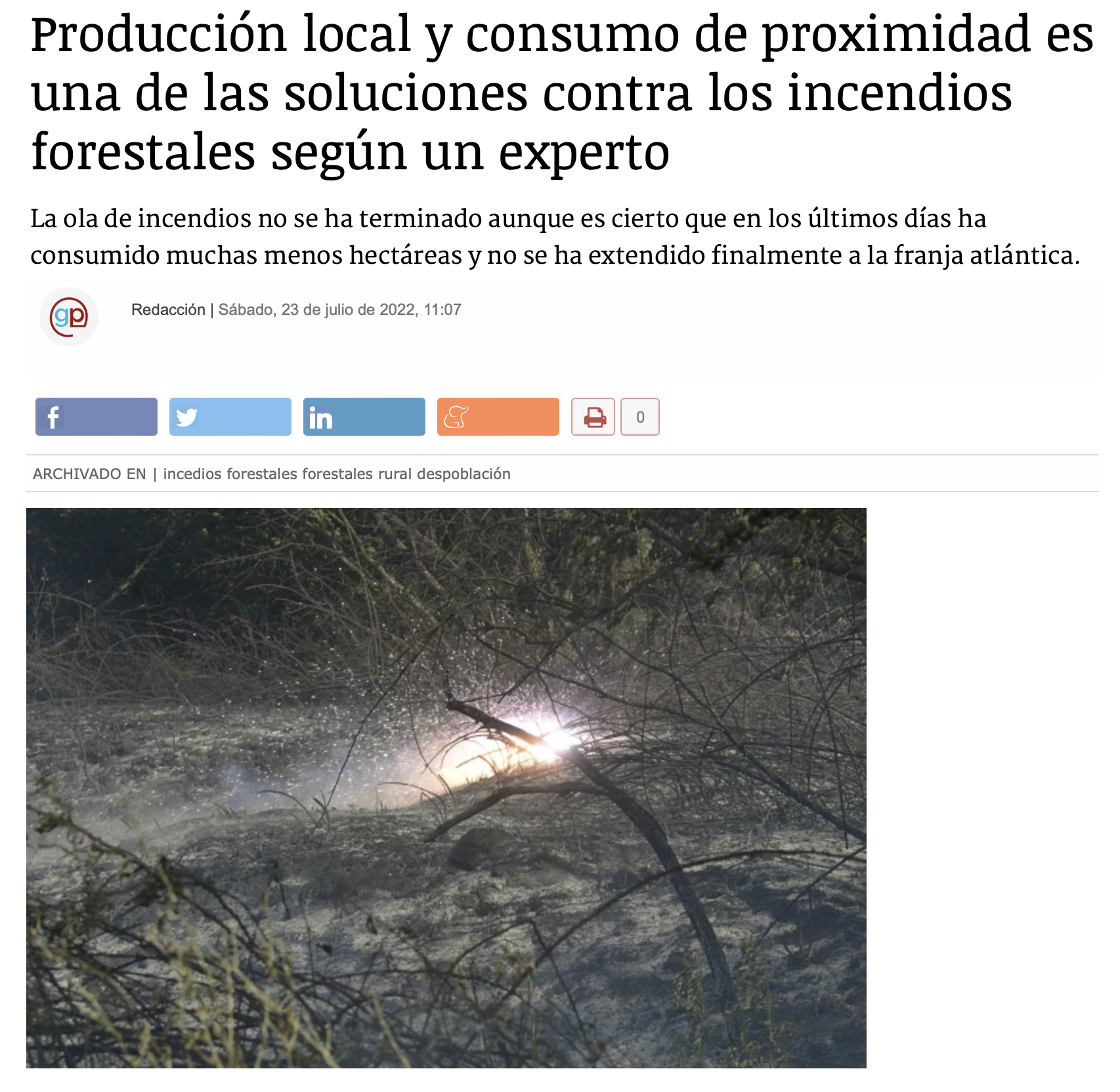 Producción local y consumo de proximidad es una de las soluciones contra los incendios forestales según un experto
