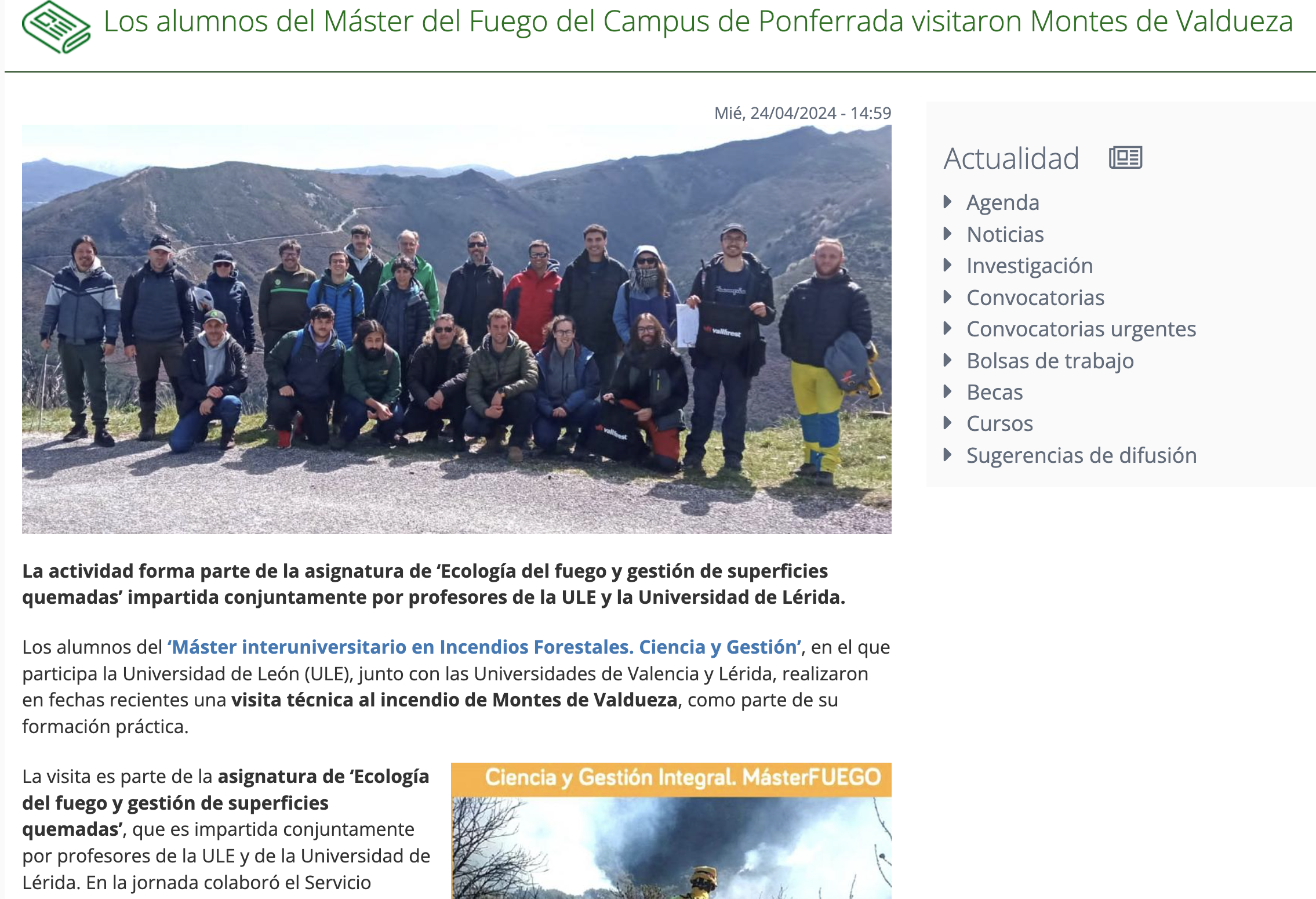 Los alumnos del Máster del Fuego del Campus de Ponferrada visitaron Montes de Valdueza
